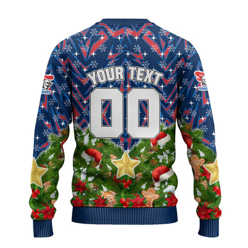 Personalised Newcastle Knights Rugby Christmas Ugly Christmas Sweater Santa Rugby Mascot - Pine Wreath Festive