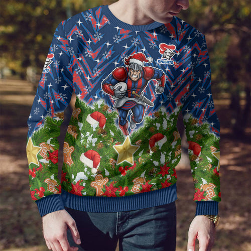 Personalised Newcastle Knights Rugby Christmas Ugly Christmas Sweater Santa Rugby Mascot - Pine Wreath Festive