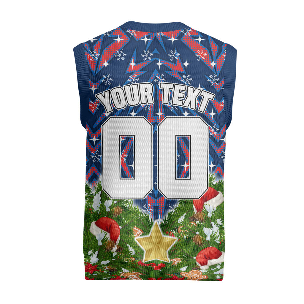 Personalised Newcastle Knights Rugby Christmas Knitted V-Neck Vest Santa Rugby Mascot - Pine Wreath Festive