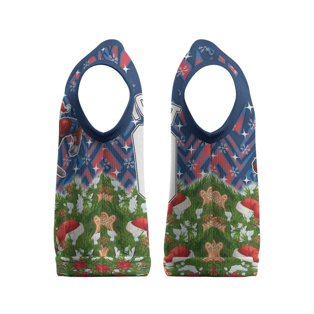 Personalised Newcastle Knights Rugby Christmas Knitted V-Neck Vest Santa Rugby Mascot - Pine Wreath Festive