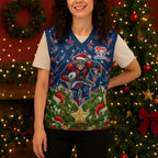 Personalised Newcastle Knights Rugby Christmas Knitted V-Neck Vest Santa Rugby Mascot - Pine Wreath Festive