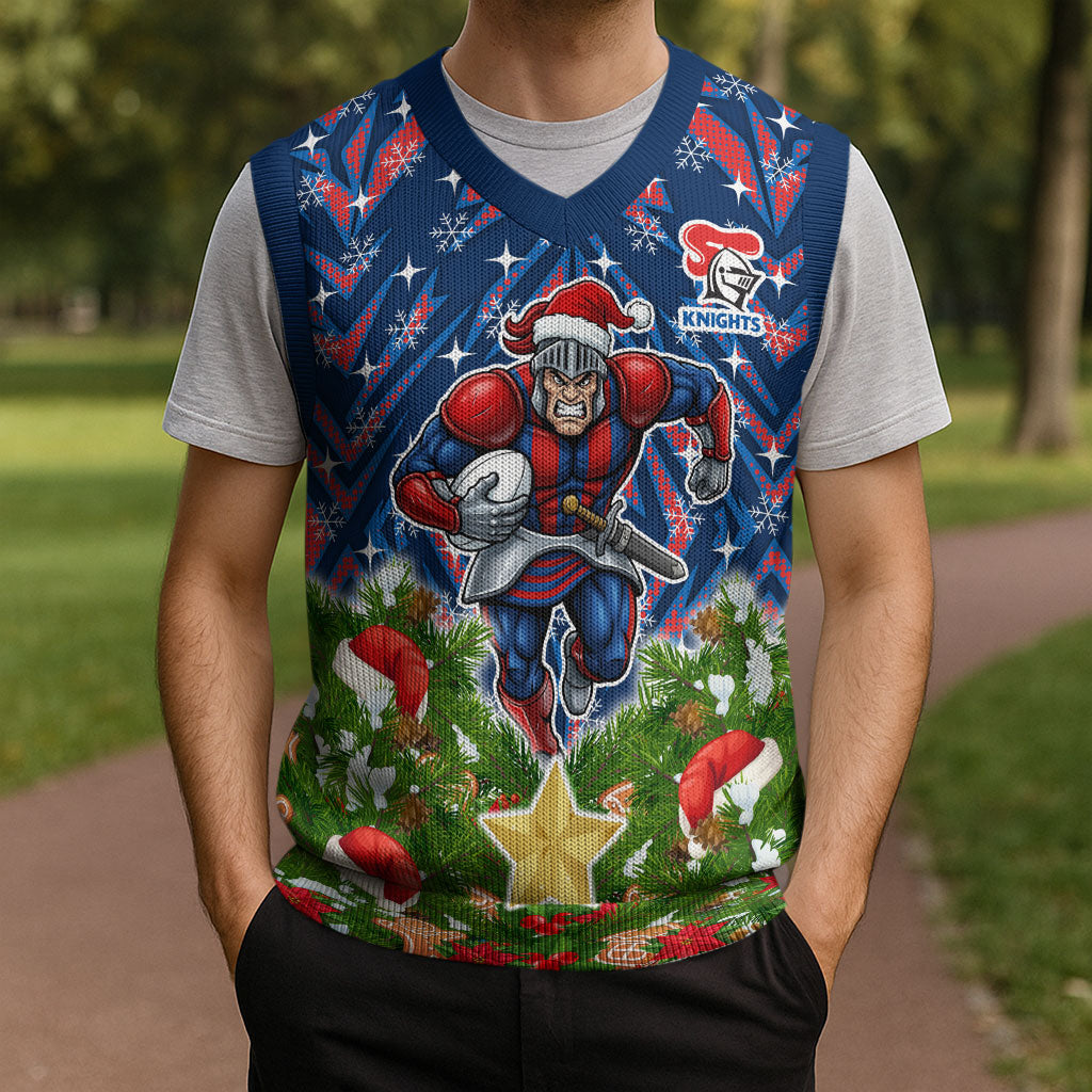 Personalised Newcastle Knights Rugby Christmas Knitted V-Neck Vest Santa Rugby Mascot - Pine Wreath Festive