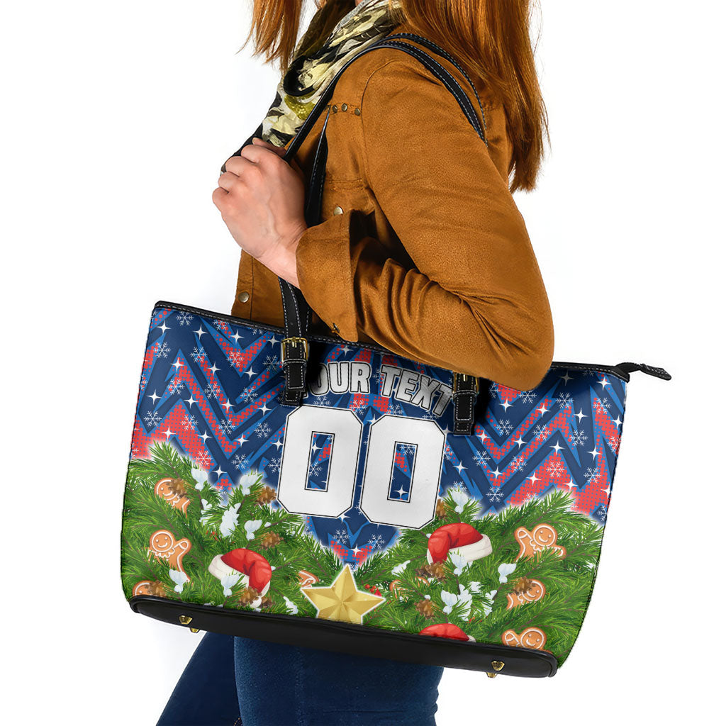 Personalised Newcastle Knights Rugby Christmas Leather Tote Bag Santa Rugby Mascot - Pine Wreath Festive