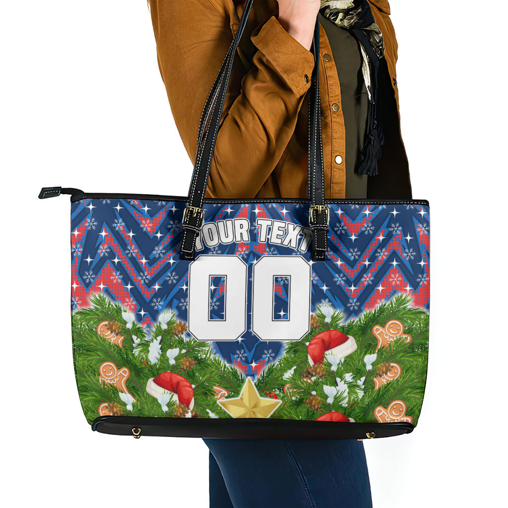 Personalised Newcastle Knights Rugby Christmas Leather Tote Bag Santa Rugby Mascot - Pine Wreath Festive