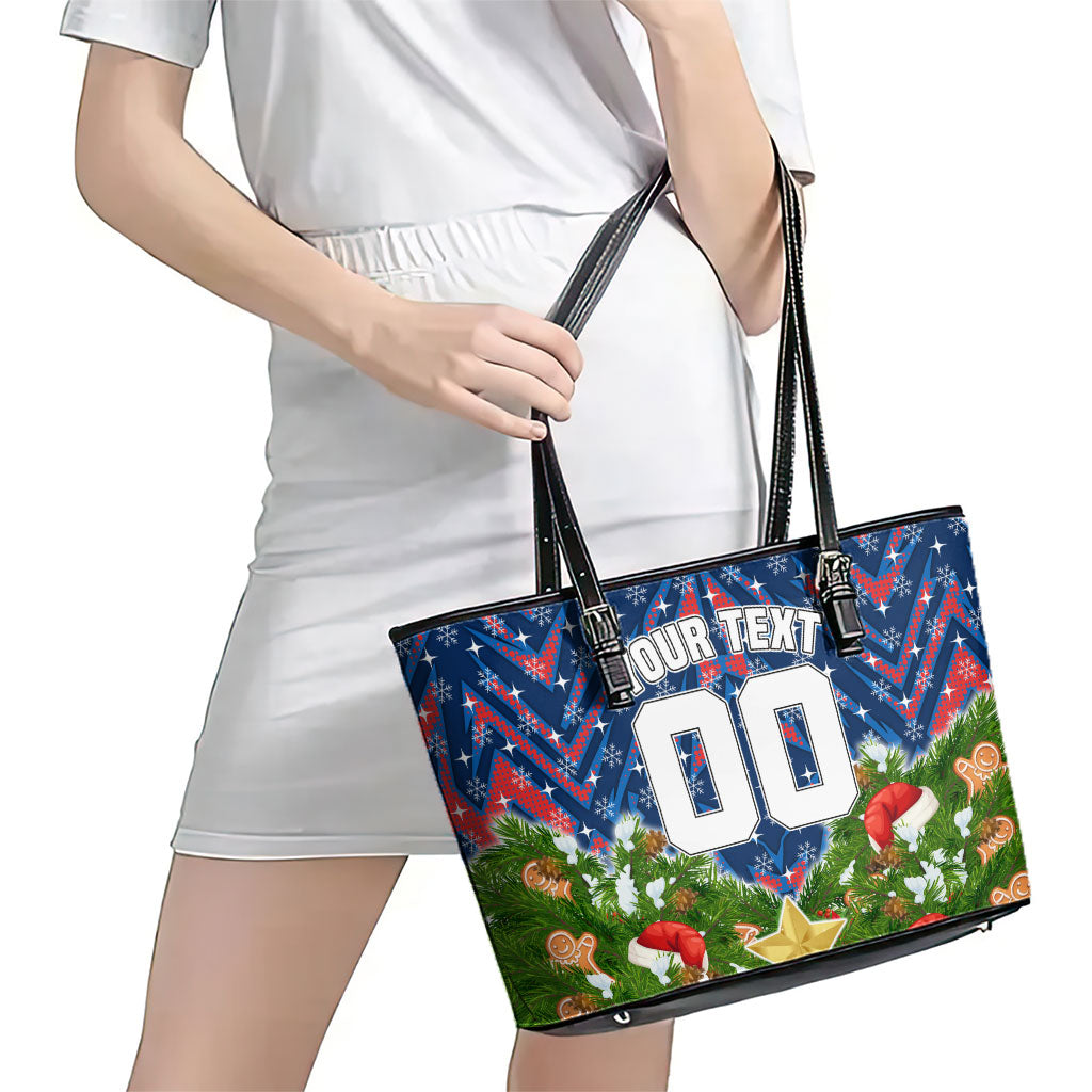 Personalised Newcastle Knights Rugby Christmas Leather Tote Bag Santa Rugby Mascot - Pine Wreath Festive