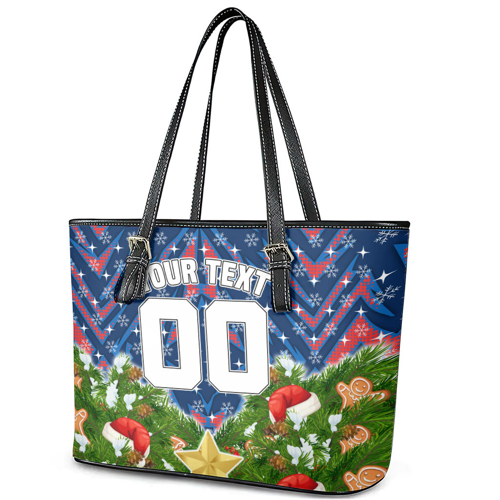 Personalised Newcastle Knights Rugby Christmas Leather Tote Bag Santa Rugby Mascot - Pine Wreath Festive