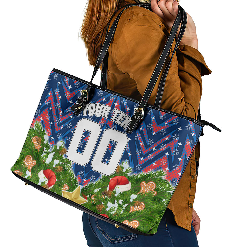 Personalised Newcastle Knights Rugby Christmas Leather Tote Bag Santa Rugby Mascot - Pine Wreath Festive