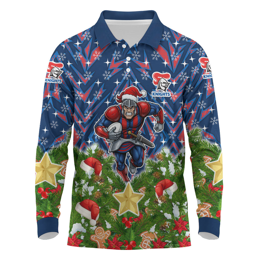 Personalised Newcastle Knights Rugby Christmas Long Sleeve Polo Shirt Santa Rugby Mascot - Pine Wreath Festive