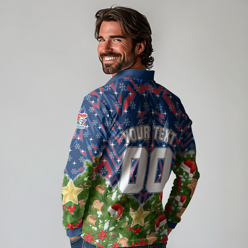 Personalised Newcastle Knights Rugby Christmas Long Sleeve Polo Shirt Santa Rugby Mascot - Pine Wreath Festive