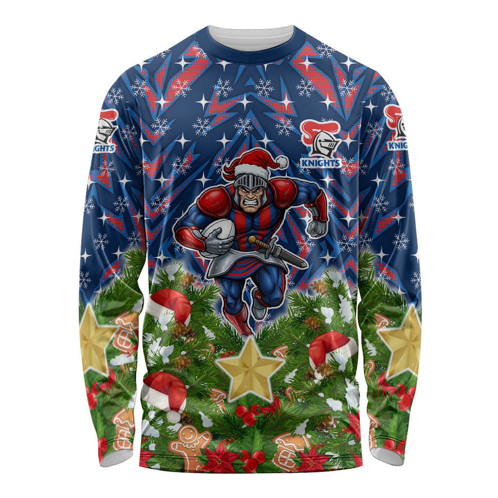 Personalised Newcastle Knights Rugby Christmas Long Sleeve Shirt Santa Rugby Mascot - Pine Wreath Festive