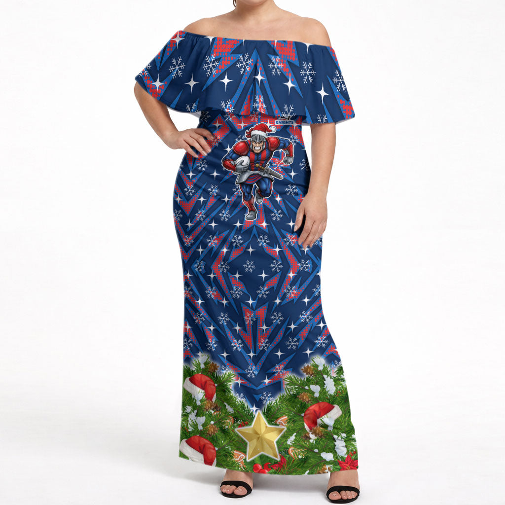 Personalised Newcastle Knights Rugby Christmas Off Shoulder Maxi Dress Santa Rugby Mascot - Pine Wreath Festive