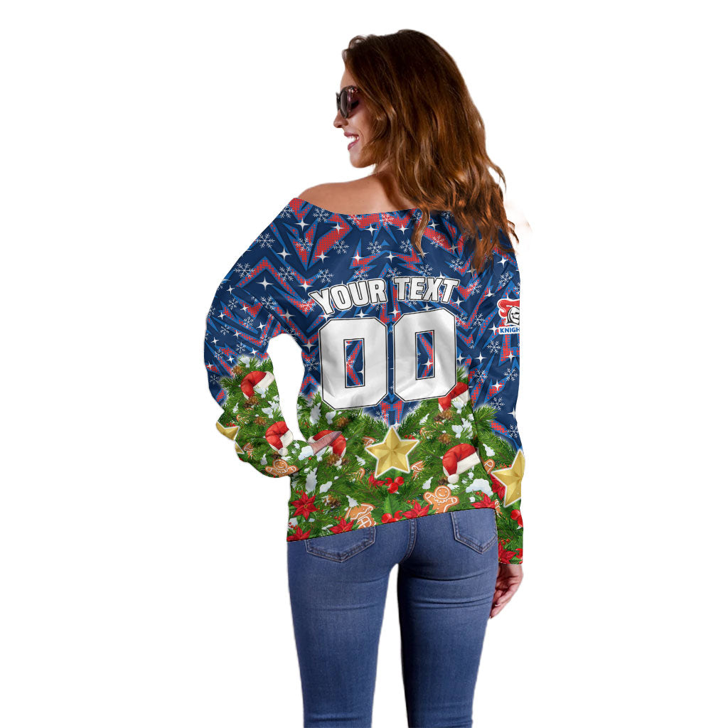 Personalised Newcastle Knights Rugby Christmas Off Shoulder Sweater Santa Rugby Mascot - Pine Wreath Festive