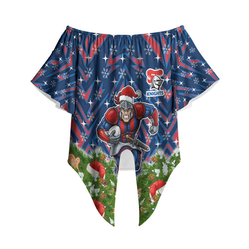 Personalised Newcastle Knights Rugby Christmas Off Shoulder Wrap Waist Top Santa Rugby Mascot - Pine Wreath Festive