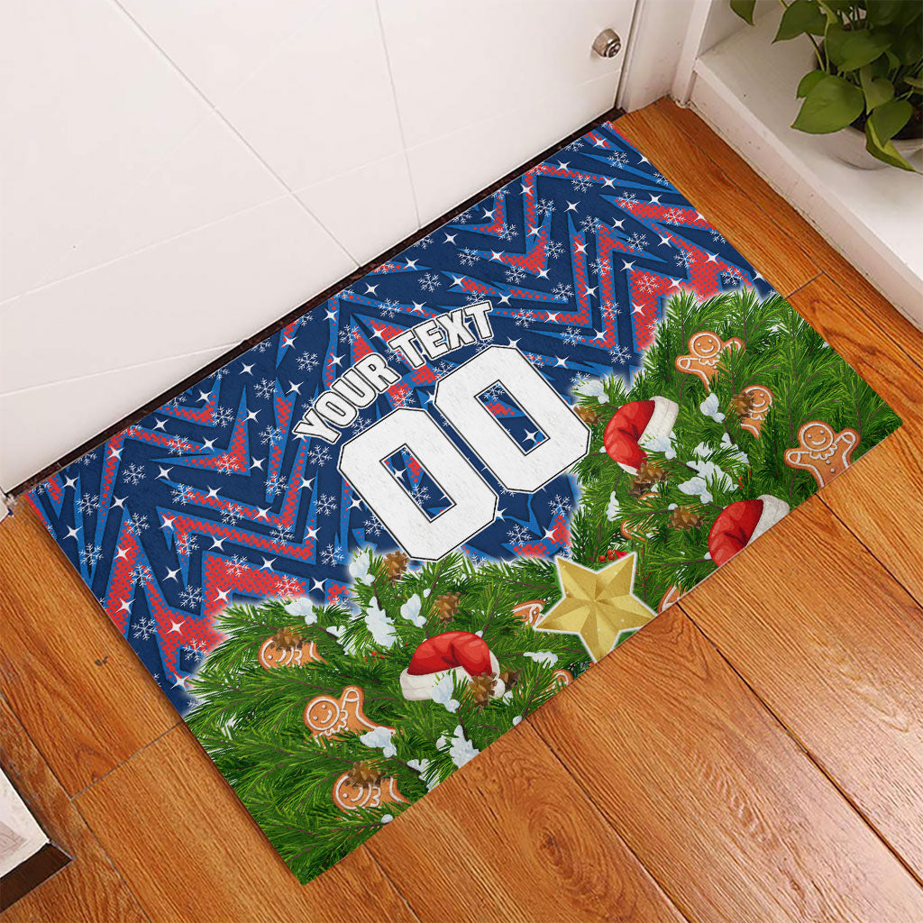 Personalised Newcastle Knights Rugby Christmas Rubber Doormat Santa Rugby Mascot - Pine Wreath Festive