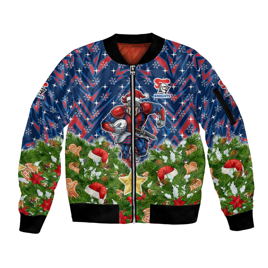 Personalised Newcastle Knights Rugby Christmas Sleeve Zip Bomber Jacket Santa Rugby Mascot - Pine Wreath Festive
