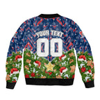 Personalised Newcastle Knights Rugby Christmas Sleeve Zip Bomber Jacket Santa Rugby Mascot - Pine Wreath Festive