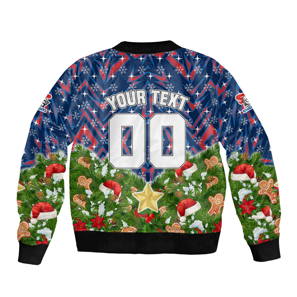 Personalised Newcastle Knights Rugby Christmas Sleeve Zip Bomber Jacket Santa Rugby Mascot - Pine Wreath Festive