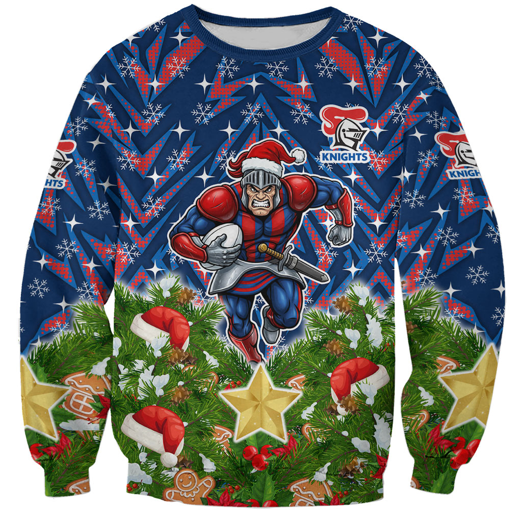 Personalised Newcastle Knights Rugby Christmas Sweatshirt Santa Rugby Mascot - Pine Wreath Festive