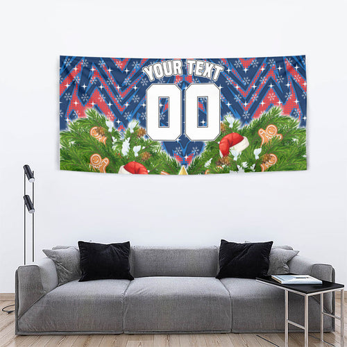 Personalised Newcastle Knights Rugby Christmas Tapestry Santa Rugby Mascot - Pine Wreath Festive