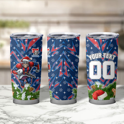 Personalised Newcastle Knights Rugby Christmas Tumbler Cup Santa Rugby Mascot - Pine Wreath Festive