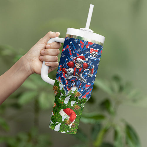 Personalised Newcastle Knights Rugby Christmas Tumbler With Handle Santa Rugby Mascot - Pine Wreath Festive