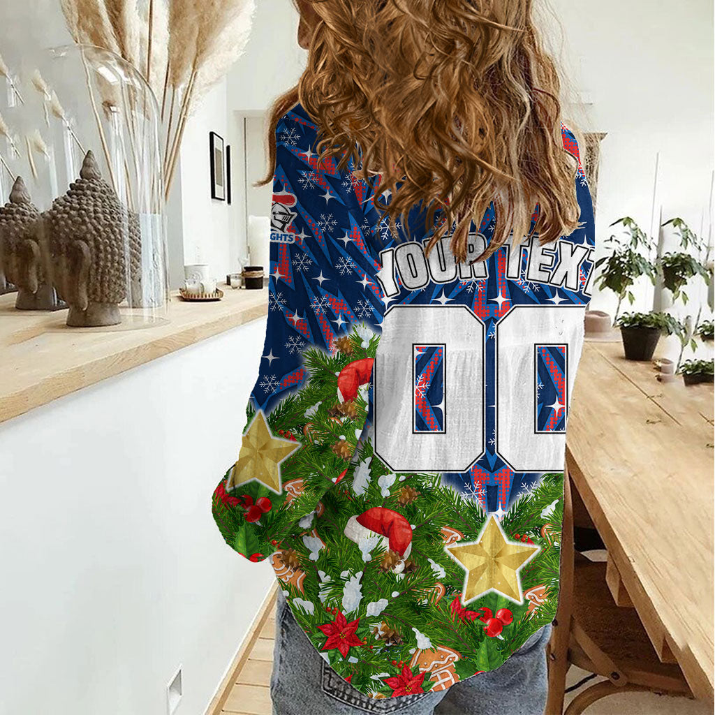 Personalised Newcastle Knights Rugby Christmas Women Casual Shirt Santa Rugby Mascot - Pine Wreath Festive