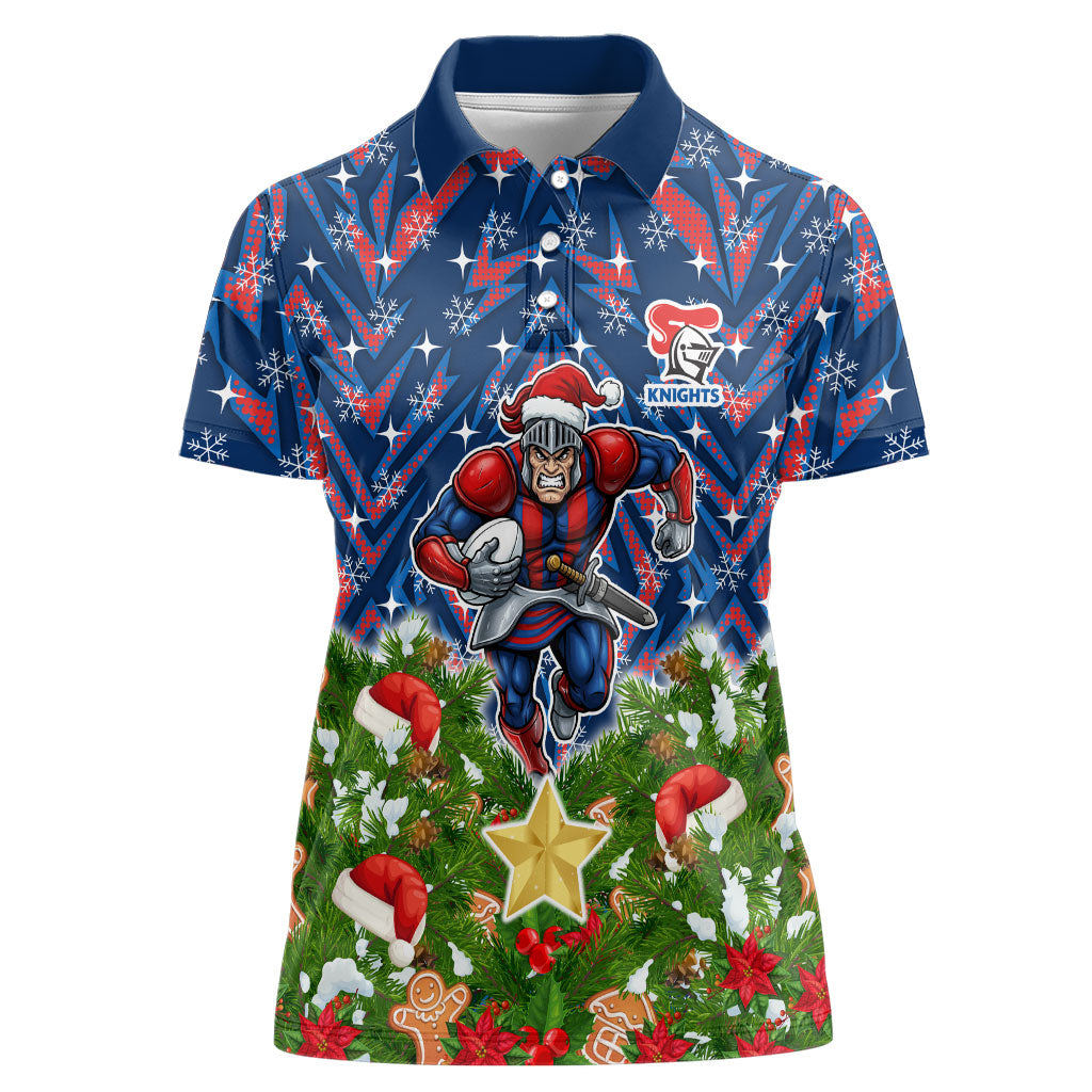 Personalised Newcastle Knights Rugby Christmas Women Polo Shirt Santa Rugby Mascot - Pine Wreath Festive
