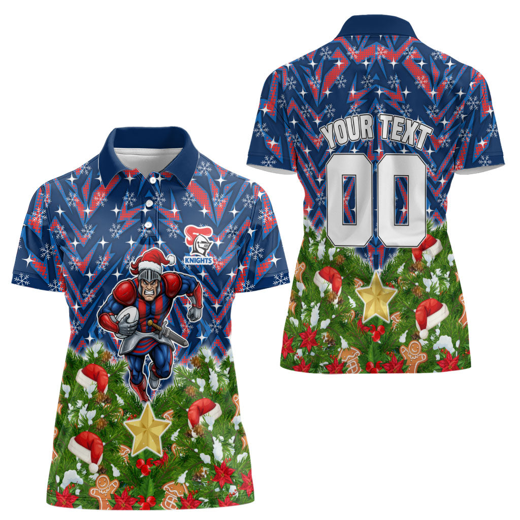Personalised Newcastle Knights Rugby Christmas Women Polo Shirt Santa Rugby Mascot - Pine Wreath Festive