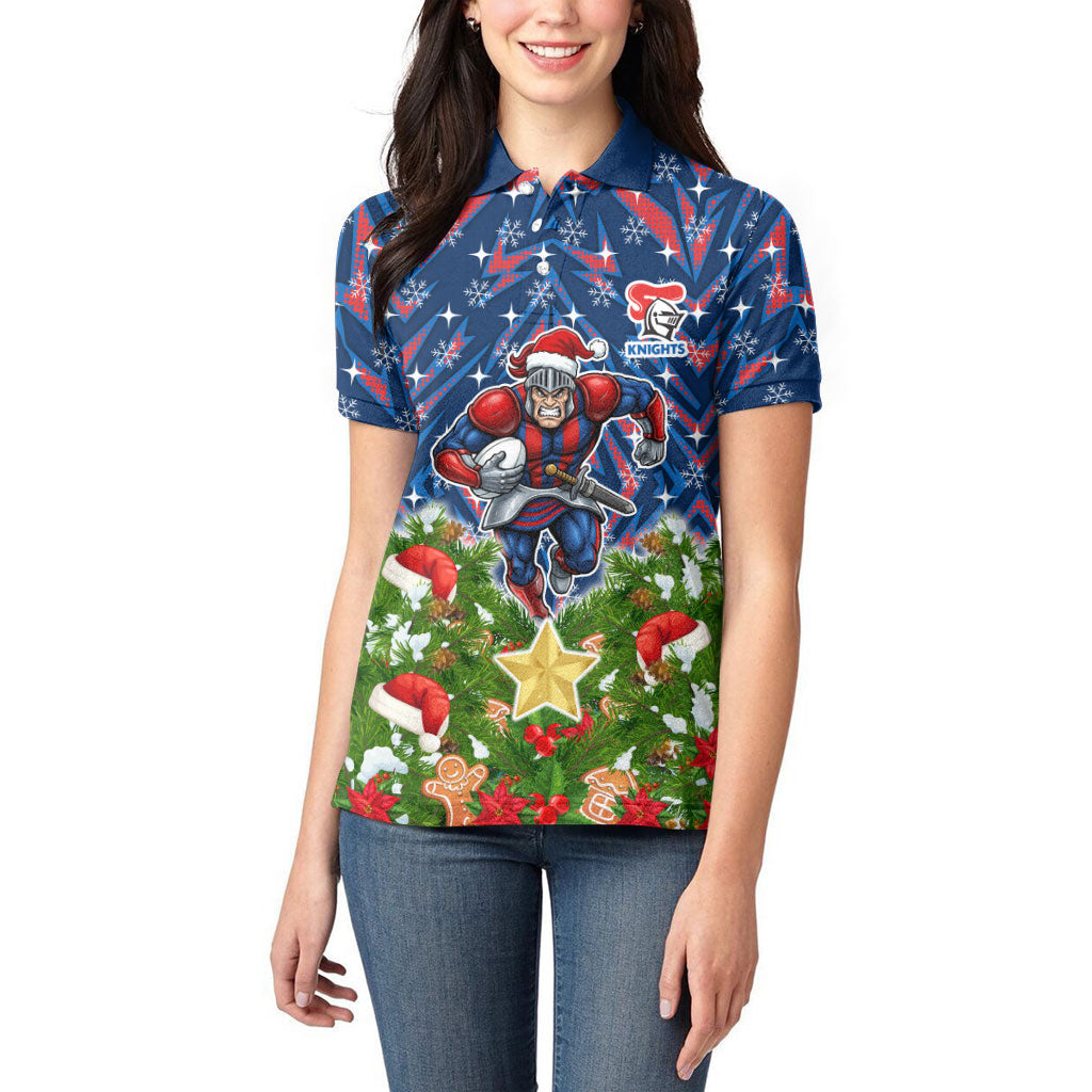 Personalised Newcastle Knights Rugby Christmas Women Polo Shirt Santa Rugby Mascot - Pine Wreath Festive