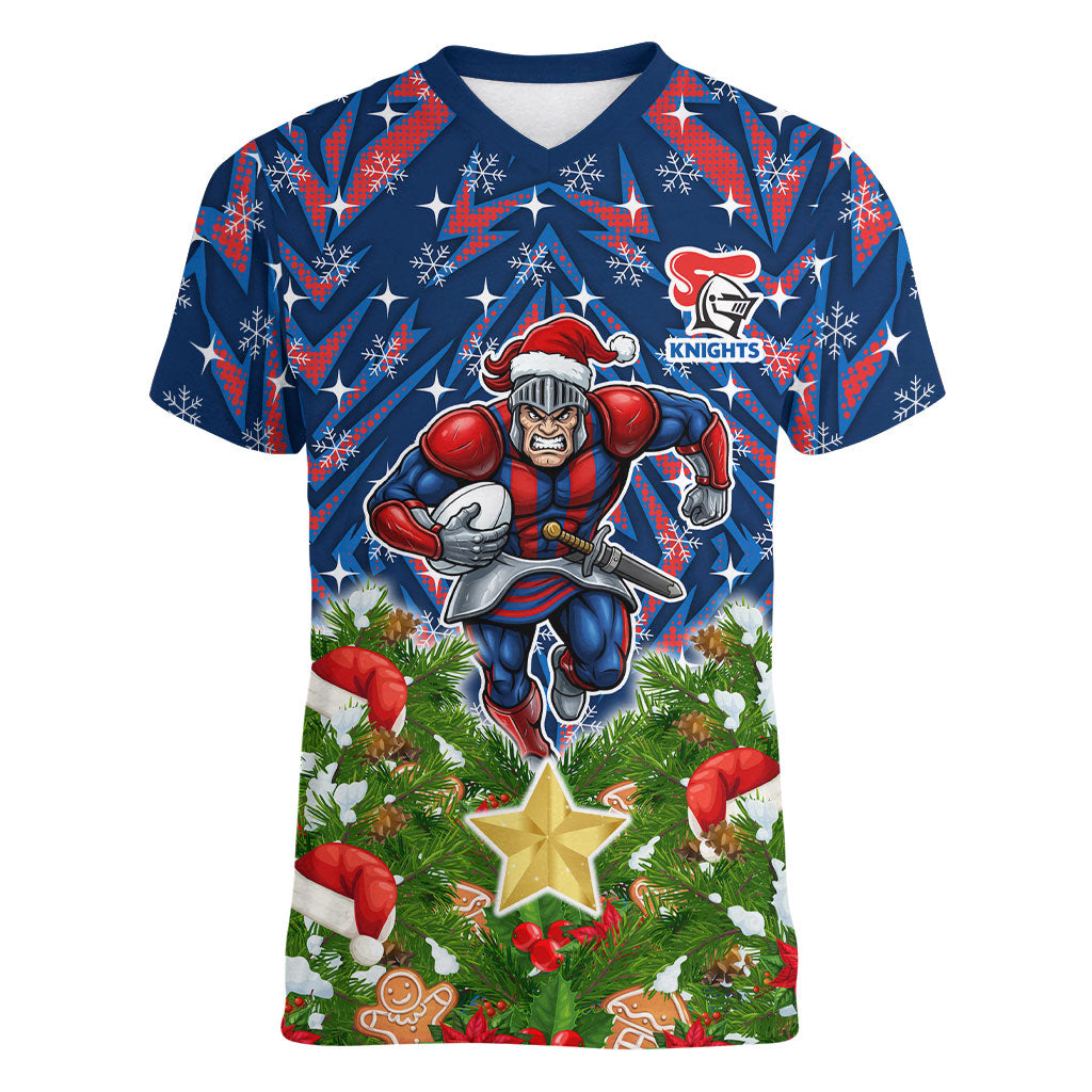 Personalised Newcastle Knights Rugby Christmas Women V-Neck T-Shirt Santa Rugby Mascot - Pine Wreath Festive
