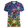 Personalised Newcastle Knights Rugby Christmas Women V-Neck T-Shirt Santa Rugby Mascot - Pine Wreath Festive