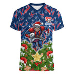 Personalised Newcastle Knights Rugby Christmas Women V-Neck T-Shirt Santa Rugby Mascot - Pine Wreath Festive