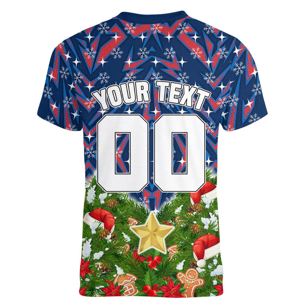 Personalised Newcastle Knights Rugby Christmas Women V-Neck T-Shirt Santa Rugby Mascot - Pine Wreath Festive