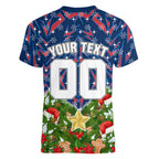 Personalised Newcastle Knights Rugby Christmas Women V-Neck T-Shirt Santa Rugby Mascot - Pine Wreath Festive