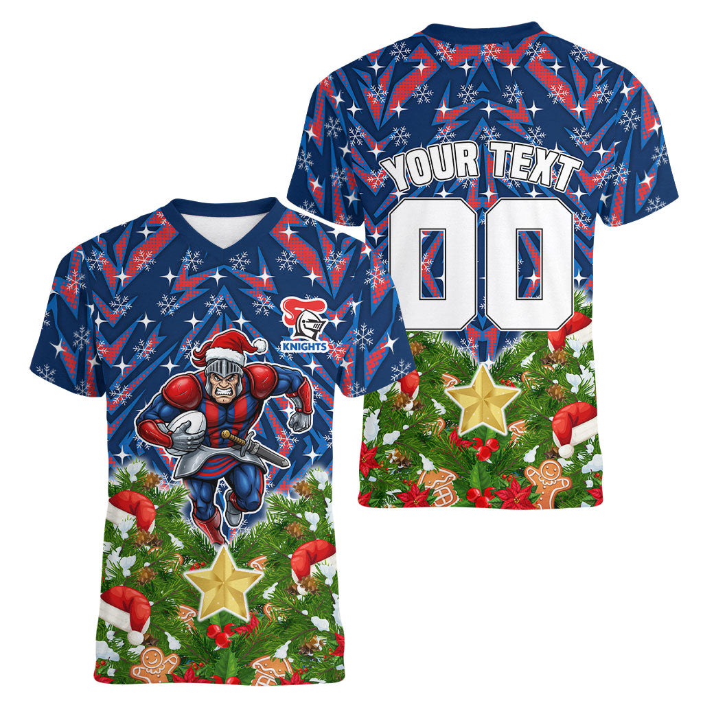 Personalised Newcastle Knights Rugby Christmas Women V-Neck T-Shirt Santa Rugby Mascot - Pine Wreath Festive