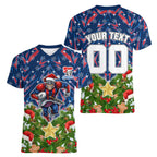 Personalised Newcastle Knights Rugby Christmas Women V-Neck T-Shirt Santa Rugby Mascot - Pine Wreath Festive