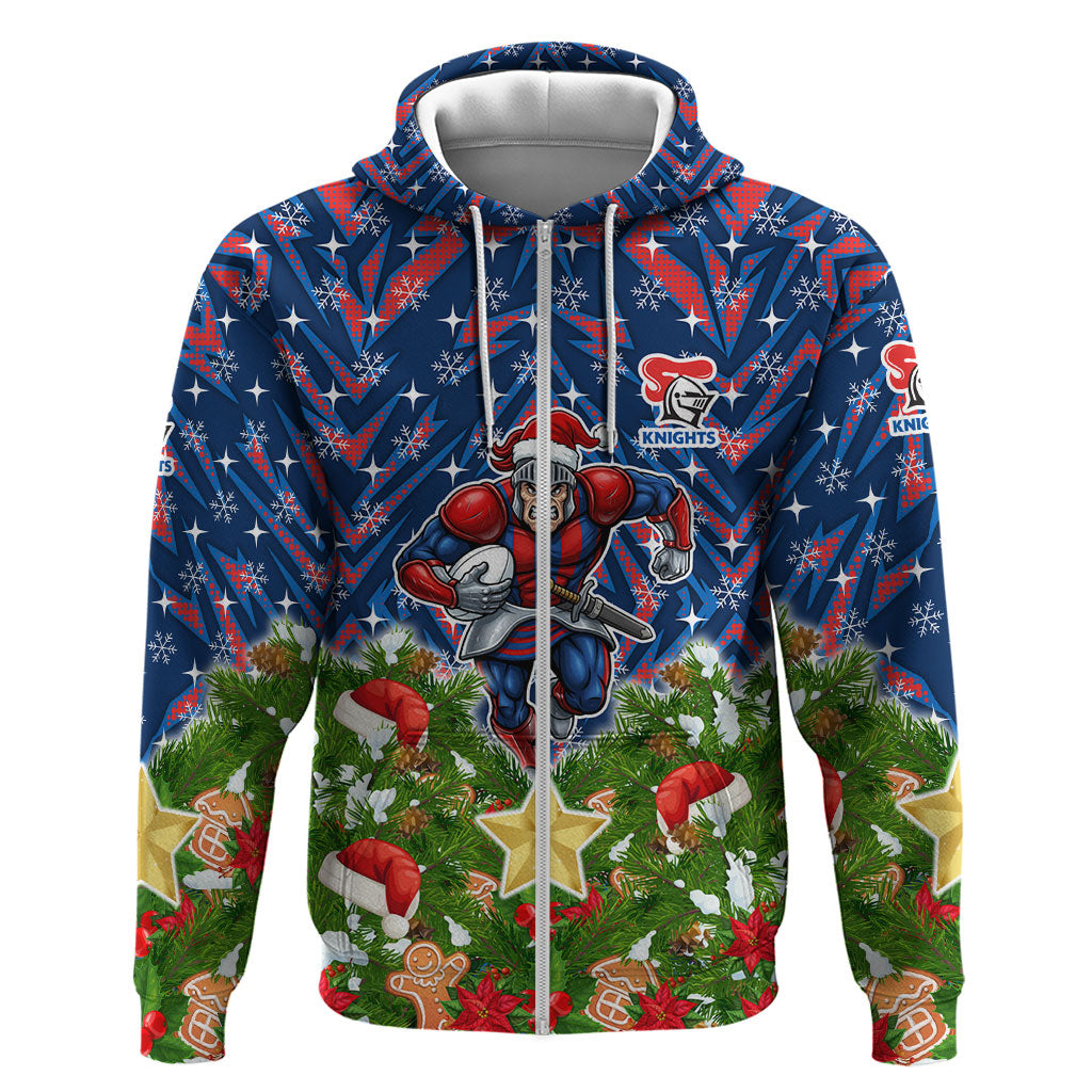 Personalised Newcastle Knights Rugby Christmas Zip Hoodie Santa Rugby Mascot - Pine Wreath Festive