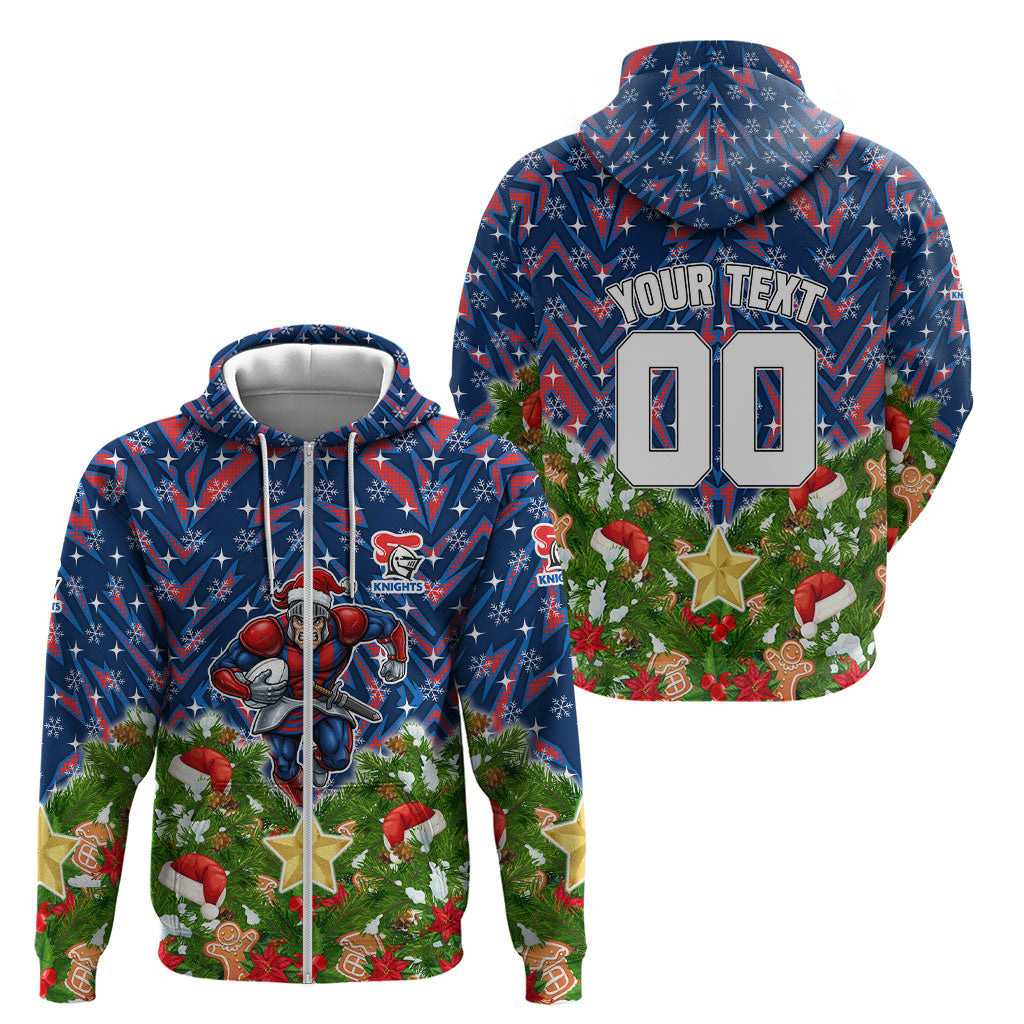 Personalised Newcastle Knights Rugby Christmas Zip Hoodie Santa Rugby Mascot - Pine Wreath Festive