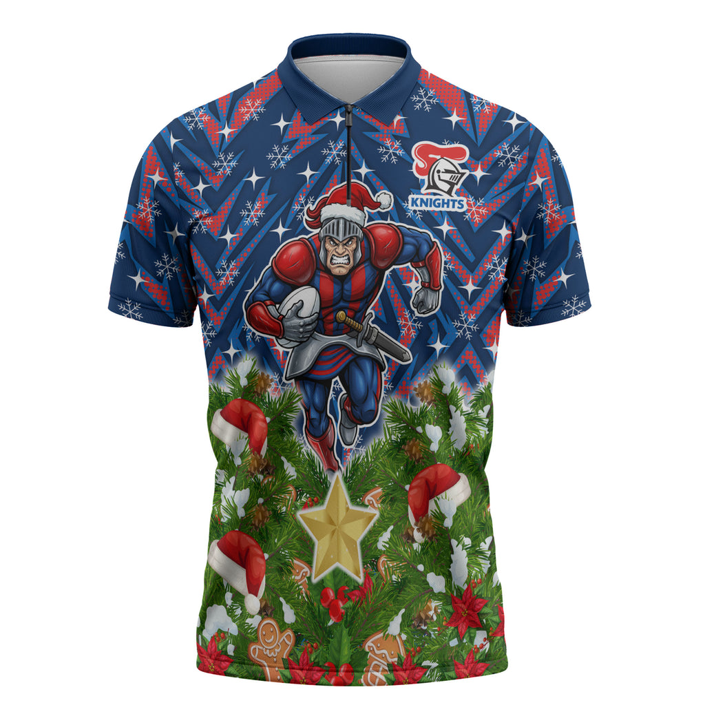 Personalised Newcastle Knights Rugby Christmas Zipper Polo Shirt Santa Rugby Mascot - Pine Wreath Festive