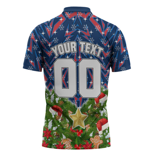 Personalised Newcastle Knights Rugby Christmas Zipper Polo Shirt Santa Rugby Mascot - Pine Wreath Festive