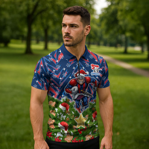 Personalised Newcastle Knights Rugby Christmas Zipper Polo Shirt Santa Rugby Mascot - Pine Wreath Festive