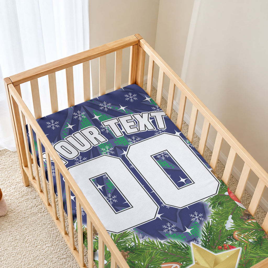 Personalised New Zealand Warriors Rugby Christmas Baby Bed Cover Santa Rugby Mascot - Pine Wreath Festive