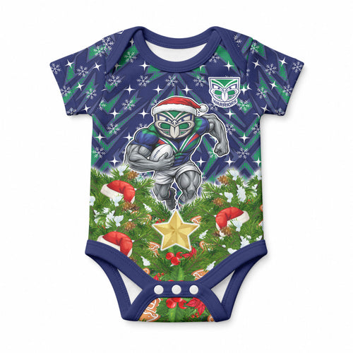 Personalised New Zealand Warriors Rugby Christmas Baby Onesie Santa Rugby Mascot - Pine Wreath Festive