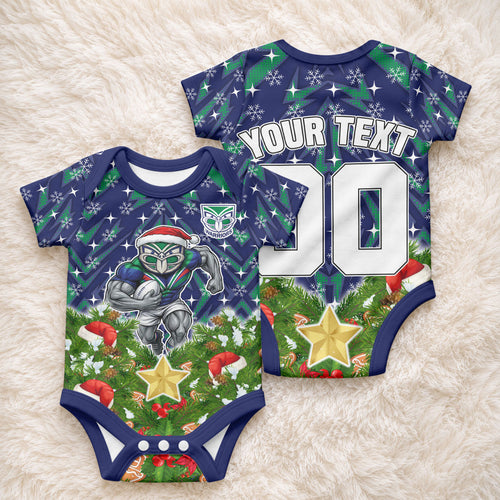 Personalised New Zealand Warriors Rugby Christmas Baby Onesie Santa Rugby Mascot - Pine Wreath Festive