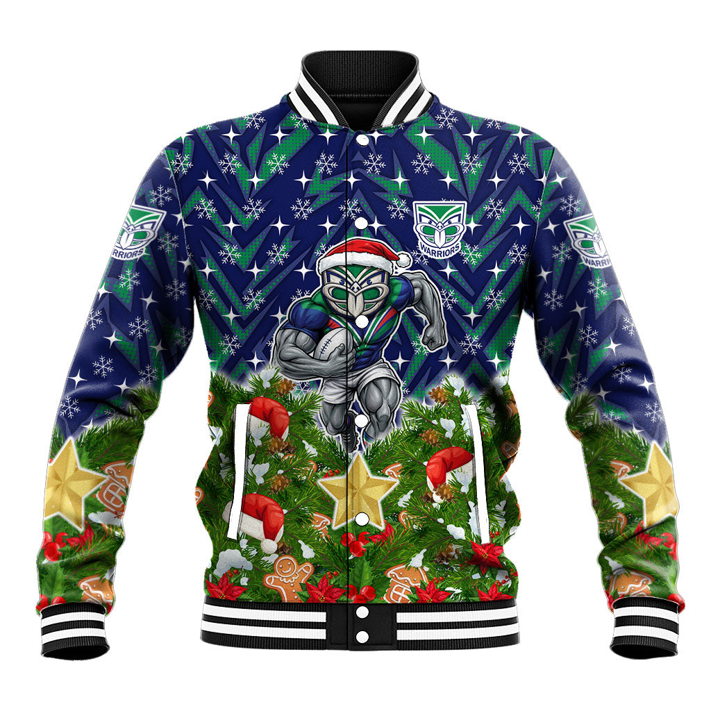 Personalised New Zealand Warriors Rugby Christmas Baseball Jacket Santa Rugby Mascot - Pine Wreath Festive