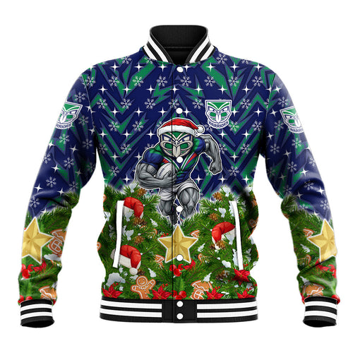 Personalised New Zealand Warriors Rugby Christmas Baseball Jacket Santa Rugby Mascot - Pine Wreath Festive