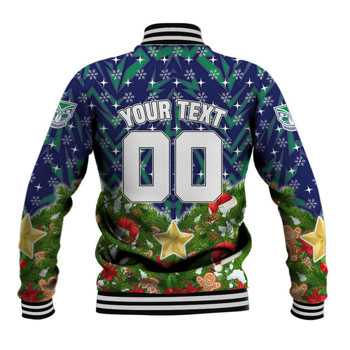 Personalised New Zealand Warriors Rugby Christmas Baseball Jacket Santa Rugby Mascot - Pine Wreath Festive