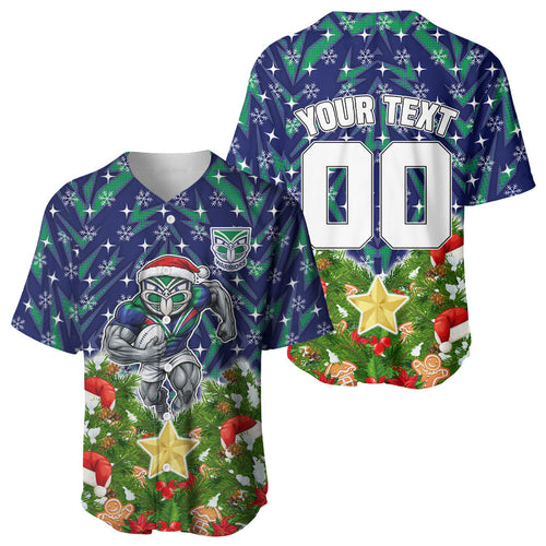 Personalised New Zealand Warriors Rugby Christmas Baseball Jersey Santa Rugby Mascot - Pine Wreath Festive