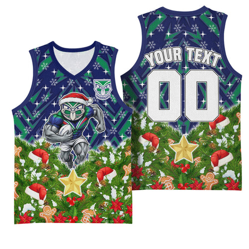 Personalised New Zealand Warriors Rugby Christmas Basketball Jersey Santa Rugby Mascot - Pine Wreath Festive