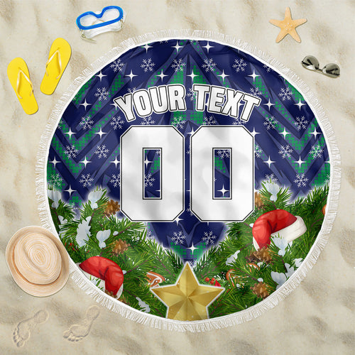 Personalised New Zealand Warriors Rugby Christmas Beach Blanket Santa Rugby Mascot - Pine Wreath Festive